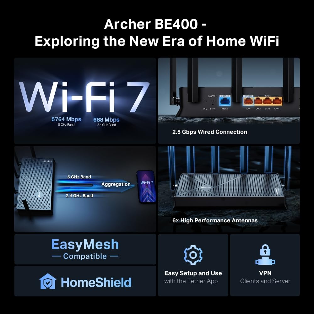 TP-Link Archer BE400 Wi-Fi 7 Dual-Band Router – 2×2,5G LAN, MU-MIMO, VPN, USB 3.0, EasyMesh & HomeShield