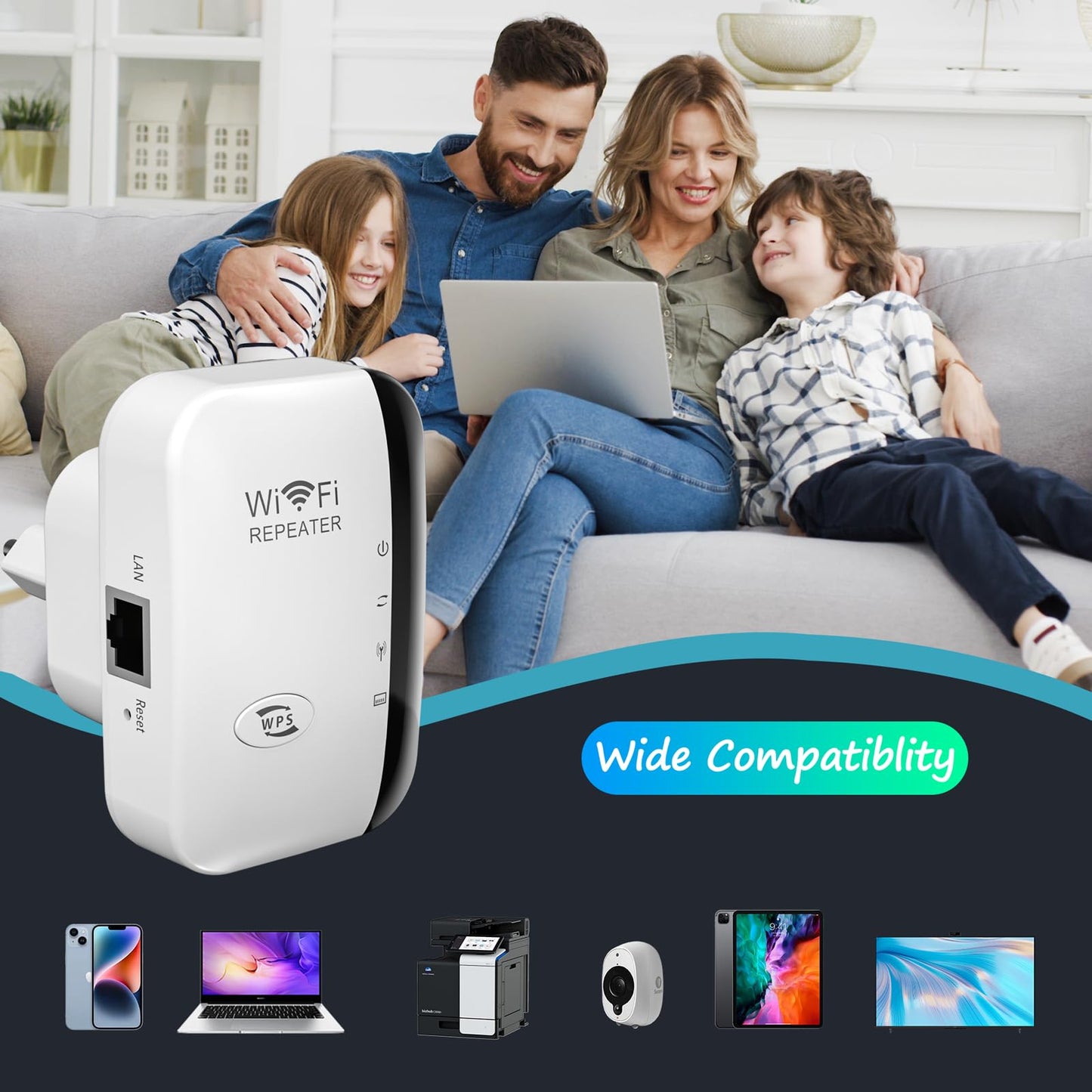 WiFi Extender Booster – WLAN Repeater bis 5000 sq.ft, AP-Modus, Ethernet-Port, 1-Tasten-Setup