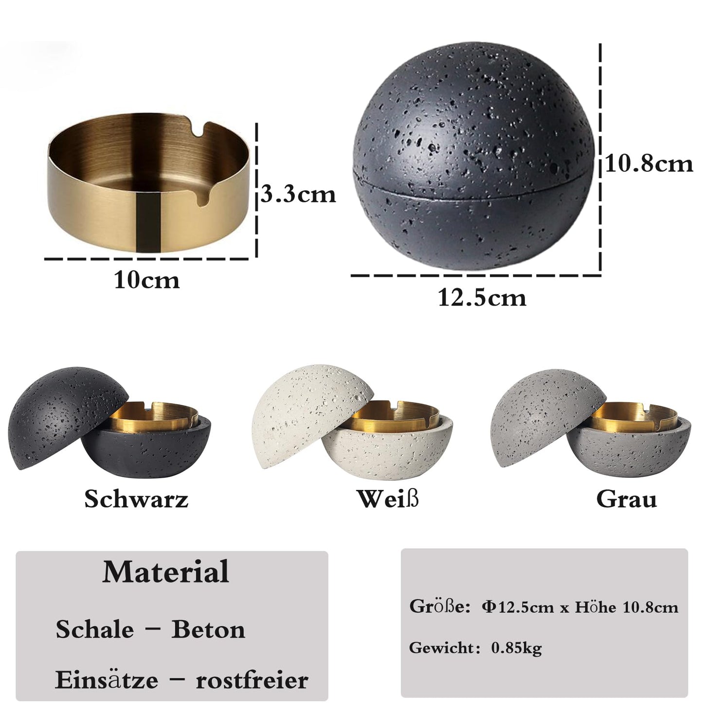 Cutfouwe Abfalleimer aus Beton & Edelstahl mit Deckel – Wasserdicht & Winddicht, Weiß (Ø 12,5 cm × H 10,8 cm)