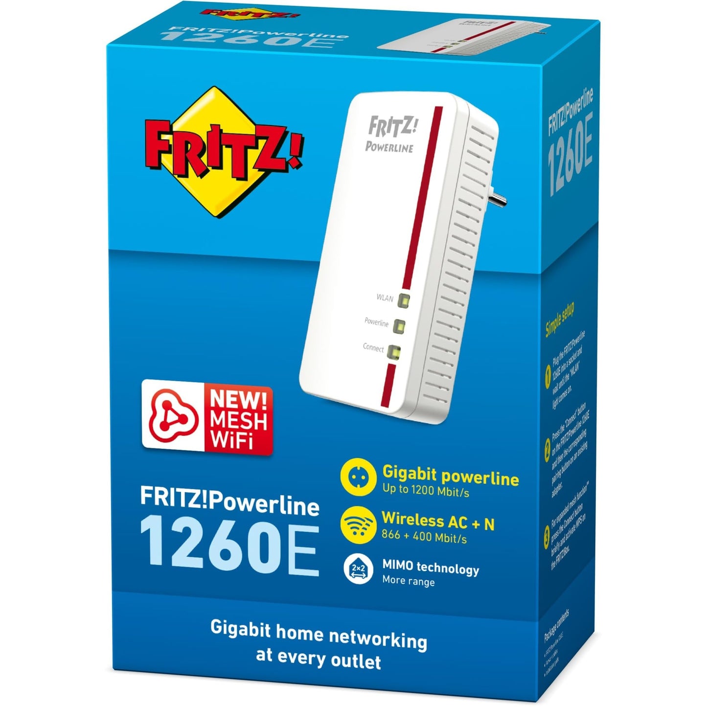 AVM FRITZ!Powerline 1260E Single-Adapter – 1.200 MBit/s, WLAN-Access Point, Mesh, Gigabit