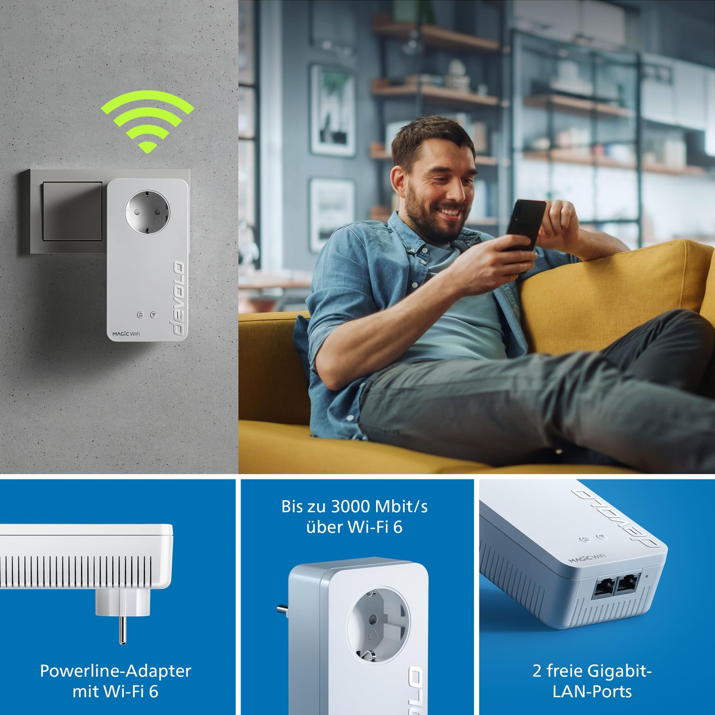 devolo Magic 2 WiFi 6 Starter Kit – WLAN Powerline, bis 3.000 MBit/s, 2x Gigabit-LAN, Mesh