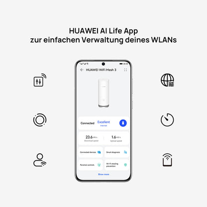 HUAWEI WiFi Mesh 3 – AX3000 Wi-Fi 6 Mesh Router, 3er-Pack, 400 m² Abdeckung, 9× Gigabit-Ports, HomeSec™ Sicherheit